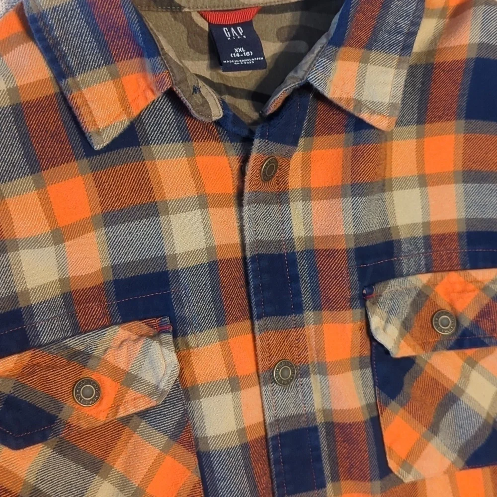 Navy tan and orange plaid flannel button-down shirt with snaps